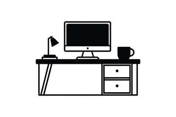 Silhouette design illustration of a work-from-home desk with coffee mug, monitor and a lamp.eps