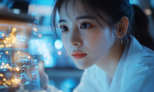 Female doctor analysing healthcare AI data hologram. The holographic image reflects medical breakthroughs in health and medicine, highlighting the role of AI in advancing medical, Generative AI