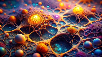 Naklejka premium Intricate Network of Luminous Spheres Embedded Within a Complex, Organic Structure Featuring Vivid Hues of Orange, Blue, and Purple