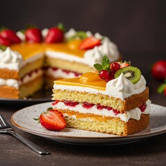 Delicious Fruit Layer Cake Slice with Cream and Berries.