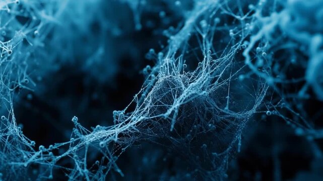Intricate blue web network with delicate strands and droplets forming complex structure in dark background creating mysterious pattern