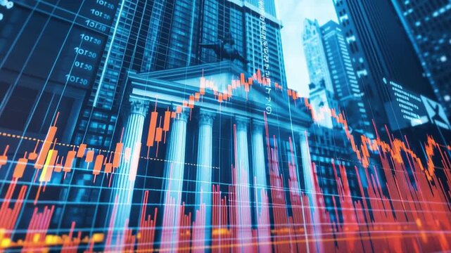 Stock market graph with financial data overlay classical building and cityscape skyscraper background showing dynamic vibrant trading and market