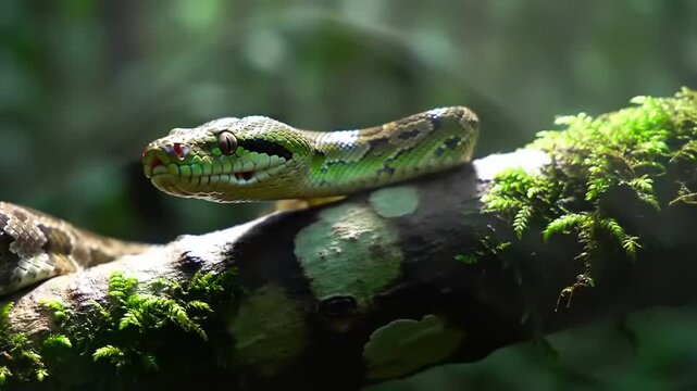 Rainforest Snake on Mossy Branch.