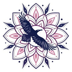 Mystical raven flying through a celestial floral mandala with a cosmic texture