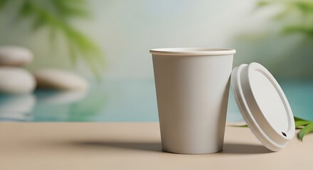 Minimalist coffee cup scene with tropical vibes for relaxation or a morning escape