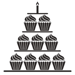 title Black and white image of a cake with eight cupcakes stacked in a pyramid with a candle on