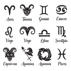 Black Silhouette Zodiac Signs With Hand Drawn Style And Names horoscope astrology