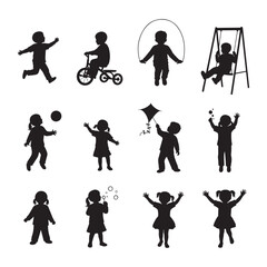 Children Playing Silhouette Icons Set on White Background kids running