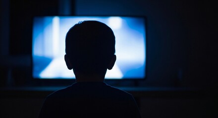 Rear view of a young boy sitting on the floor watching a colorful cartoon on tv in a dark room