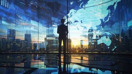 Businessman silhouette in futuristic office with digital world map and city skyline at sunset inspiring global connection innovation technology - Powered by Adobe