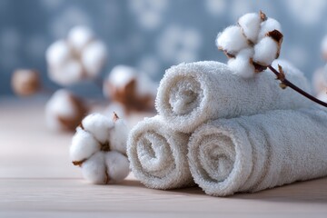 Rolled white towels, cotton bolls on light wood