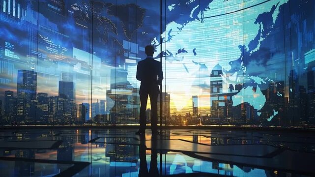 Businessman silhouette in futuristic office with digital world map and city skyline at sunset inspiring global connection innovation technology