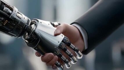 Robotic hand shakes human hand in a futuristic cityscape during a business meeting - Powered by Adobe