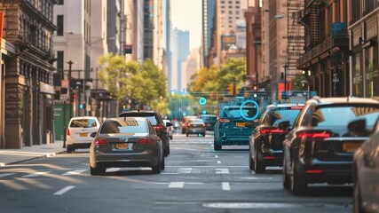 Urban city street traffic with self driving car and digital technology overlay showing smart vehicle connectivity and safety features - Powered by Adobe