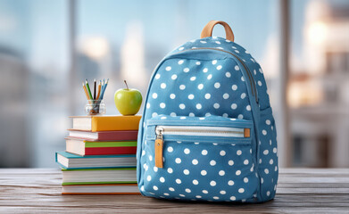 Blue polka dot backpack sits on a wooden desk alongside a stack of colorful books, pencils, and a green apple, evoking a back to school atmosphere