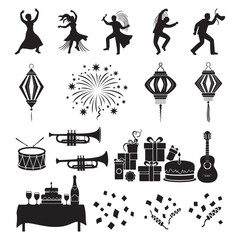Party Celebration Icons Dancers Firework Lanterns Drums Trumpets Gifts Cake Guitar Confetti