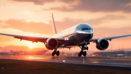 Obraz premium Airplane landing at sunset