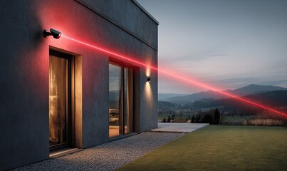 Security system protects modern home at dusk.  Red laser beam extends