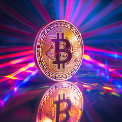 Gold bitcoin cryptocurrency coin with colorful background and reflection for digital currency concept