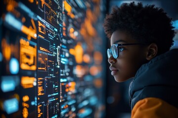 Inclusive education concept, featuring a Black school pupil learning IT and digital coding online, with a focus on cybersecurity, artificial intelligence, and ethical hacking, Generative AI
