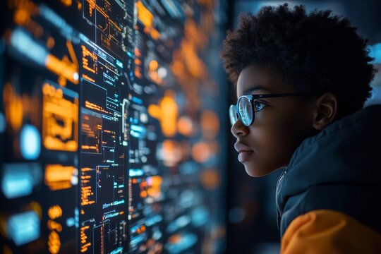 Inclusive education concept, featuring a Black school pupil learning IT and digital coding online, with a focus on cybersecurity, artificial intelligence, and ethical hacking, Generative AI