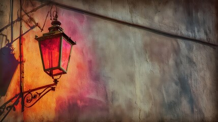 Ornate antique street lamp against a textured wall.