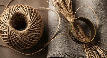 Roll of twine and bundle of hemp tied with a decorative ring