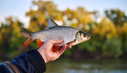 Obraz premium A hand gently holds a silvery fish with orange fins against a blurred autumnal background