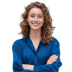 Beautiful female agent in blue smiling looking forward isolated on transparent background