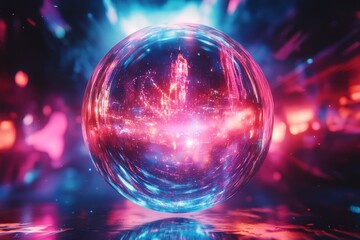 Colorful, bright disco ball spinning at a rave party, illustrating the energy and vibrant atmosphere of a nightlife or dance event, Generative AI