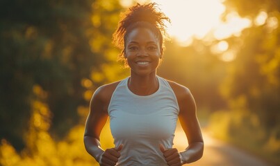 Happy senior Black African American woman running and jogging outdoors in a park on a sunny day. The image reflects vitality, health, and wellness in senior living, Generative AI
