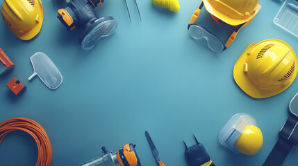 Safety gear and tools arranged on a blue background for construction work