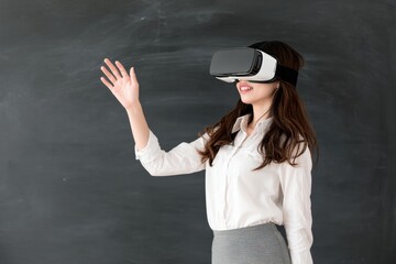 Young Asian teacher wearing VR headset and gesturing with her hand in front of a blackboard, experiencing virtual reality in education