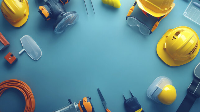 Safety gear and tools arranged on a blue background for construction work