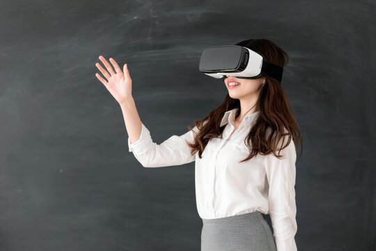 Young Asian teacher wearing VR headset and gesturing with her hand in front of a blackboard, experiencing virtual reality in education