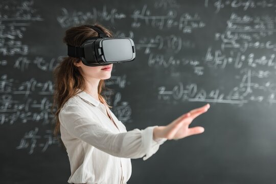 Young teacher wearing vr headset interacting with virtual reality in a classroom with math formulas on blackboard