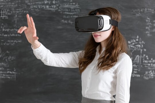 Teacher wearing vr headset interacting with virtual reality environment in a classroom with math formulas written on blackboard