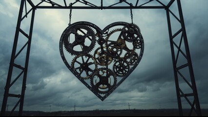 Mechanical Heart Sculpture Suspended Against a Dramatic Stormy Sky with Industrial Framework