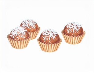 Four Delicious Brown Chocolate Truffles Sprinkled with Coconut in Beige Paper Cups on a White Background