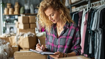 Business Inventory and Planning: An elegant business owner carefully reviews inventory in her store, surrounded by neat rows of merchandise.