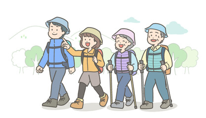 ハイキングをする家族・ファミリーのイラスト
