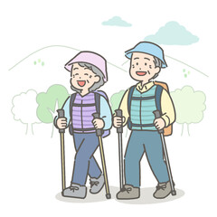 ハイキングをするシニア夫婦のイラスト

