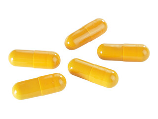 Bulk orange capsule pills isolated on white background.
