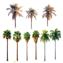 Set of tropical palm trees in a vector illustration on white background