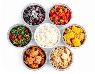 Overhead View of Colorful Fresh Meal Preparation Bowls with Chicken Berries and Rice on White