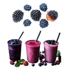 Blackberry and raspberry smoothie in glass with fresh berries on white background