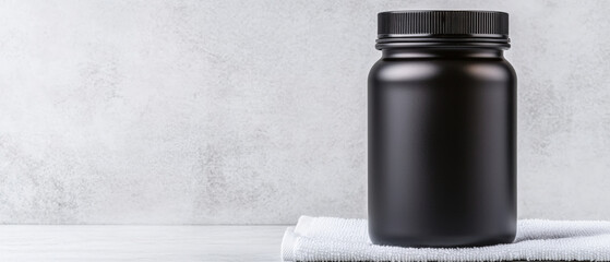 Sleek black container for dietary supplements, ideal for storing amino acids, BCAAs, or protein powders. minimalist design complements fitness and health focused lifestyles