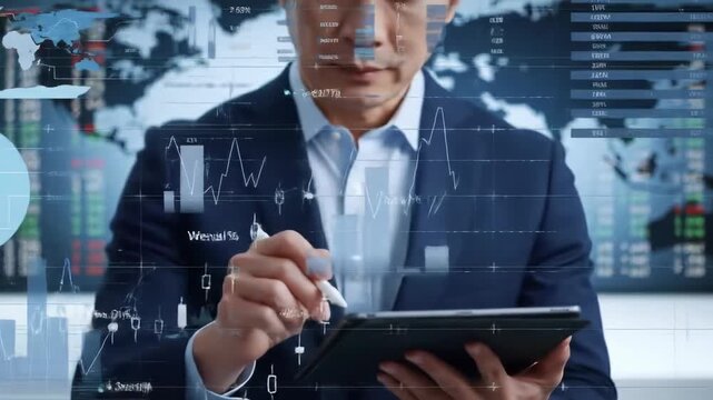 Businessman analyzing finance data on digital tablet with stock market graphs, global map overlay, technology innovation, investment strategy, professional focus, modern office, analysis of charts - Powered by Adobe