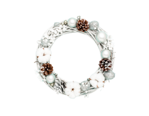 Minimalist White and Silver Christmas Wreath with Snowy Twigs, Top-Down View, Isolated