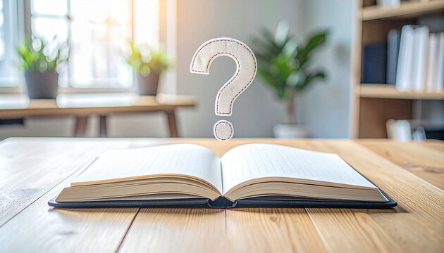 An open notebook placed on a wooden table, featuring a large stitched felt question mark on one page—ideal for illustrating curiosity, inquiry, or decision-making concepts.